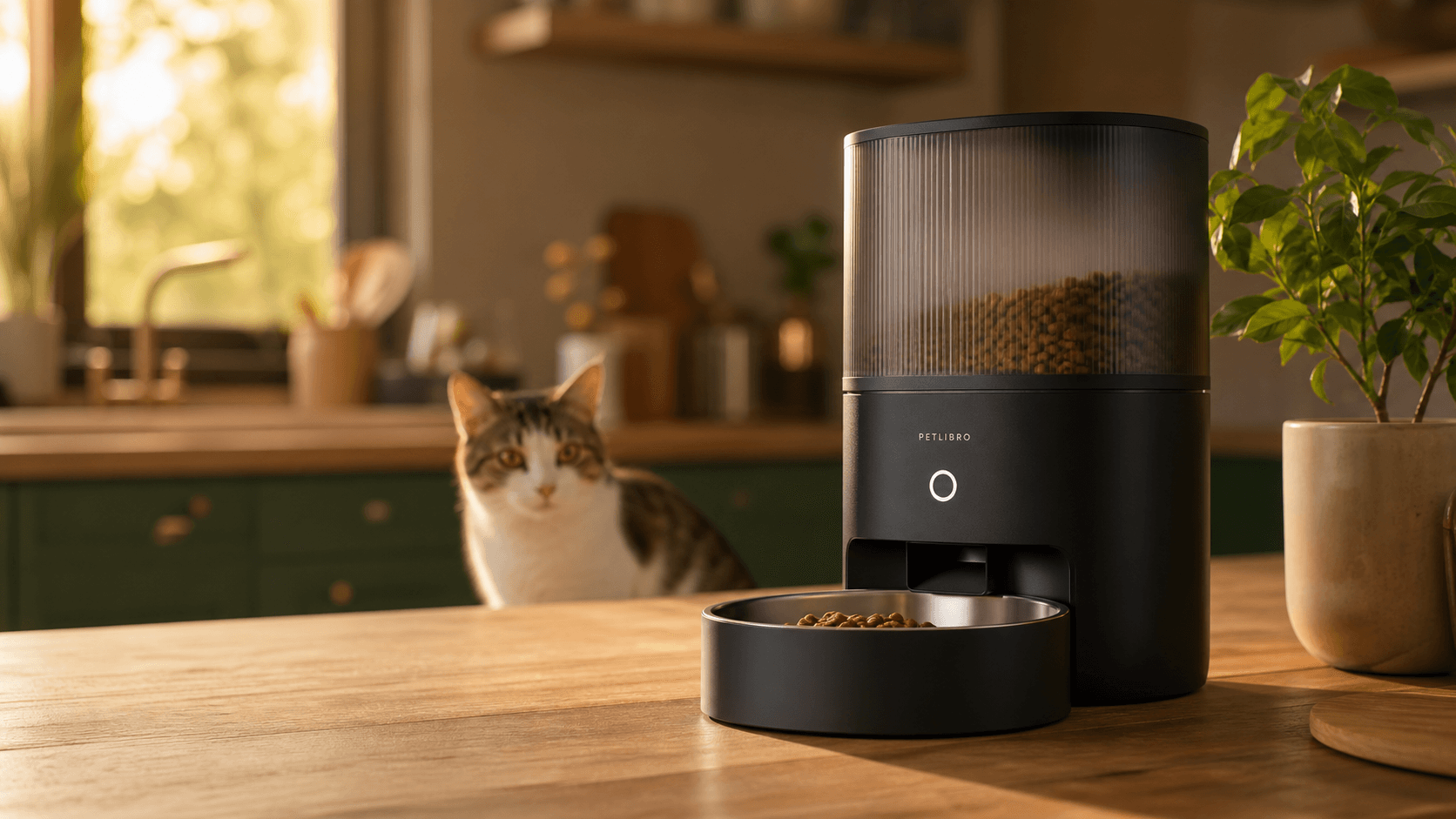 Automatic pet feeder in a warm editorial kitchen scene