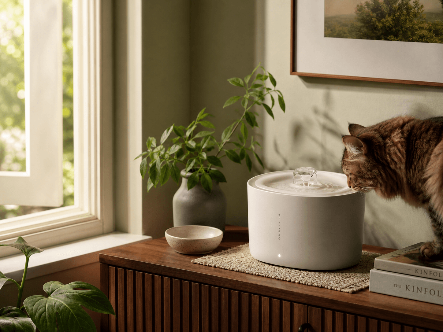 Cat water fountain in a calm editorial home scene